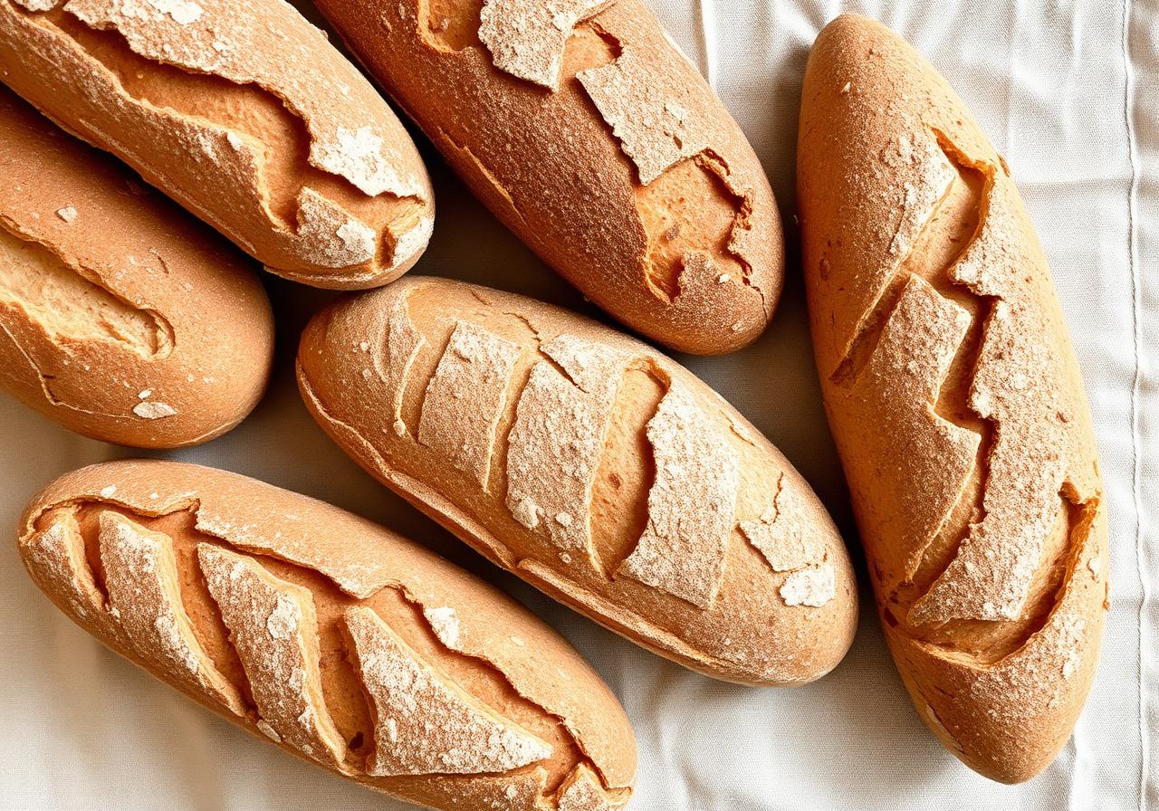 Freshly baked baguettes on linen